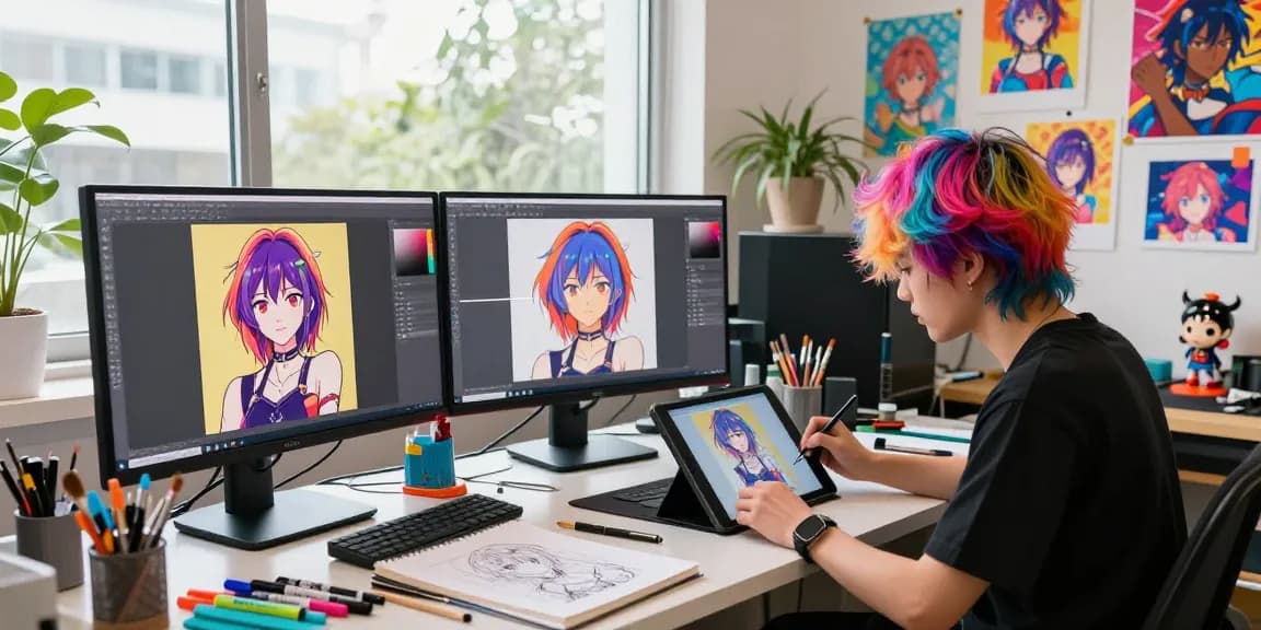 AI ecchi character art creation in vibrant artist's studio with tablet and colorful environment