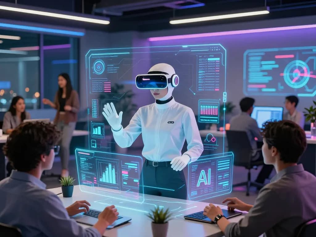 AI-driven virtual assistant engaging users with holographic displays in a tech workspace, reflecting on the evolution of sex AI.