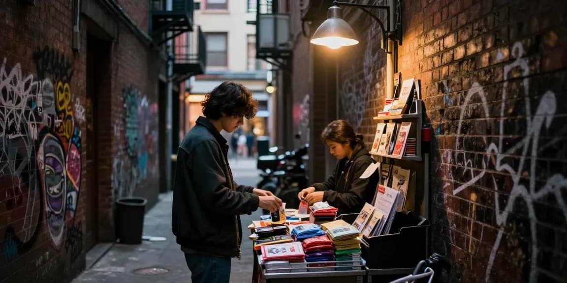 Person discreetly buying brown heroin online in dimly lit urban alley, showcasing street culture and lifestyle choices.