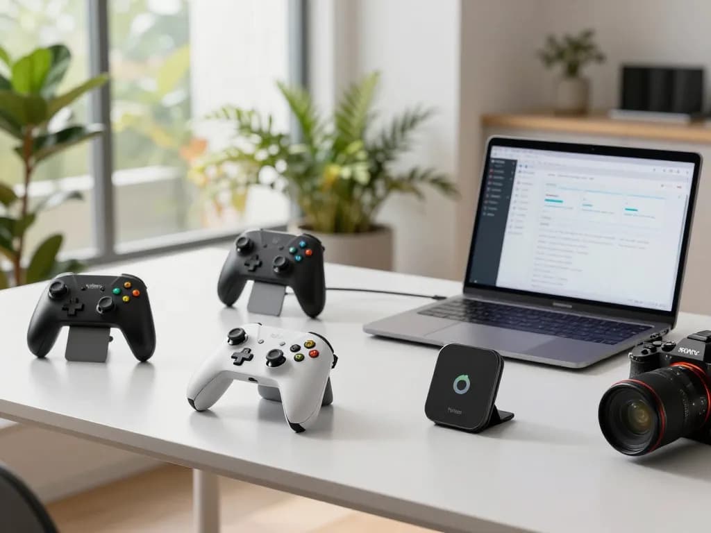 Exploring the top 10 tech gadgets 2102 in a modern workspace setting with Bluetooth devices and analytics.