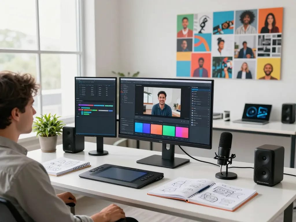 Creating stunning videos with kling ai in a modern workspace with multiple monitors and design tools.