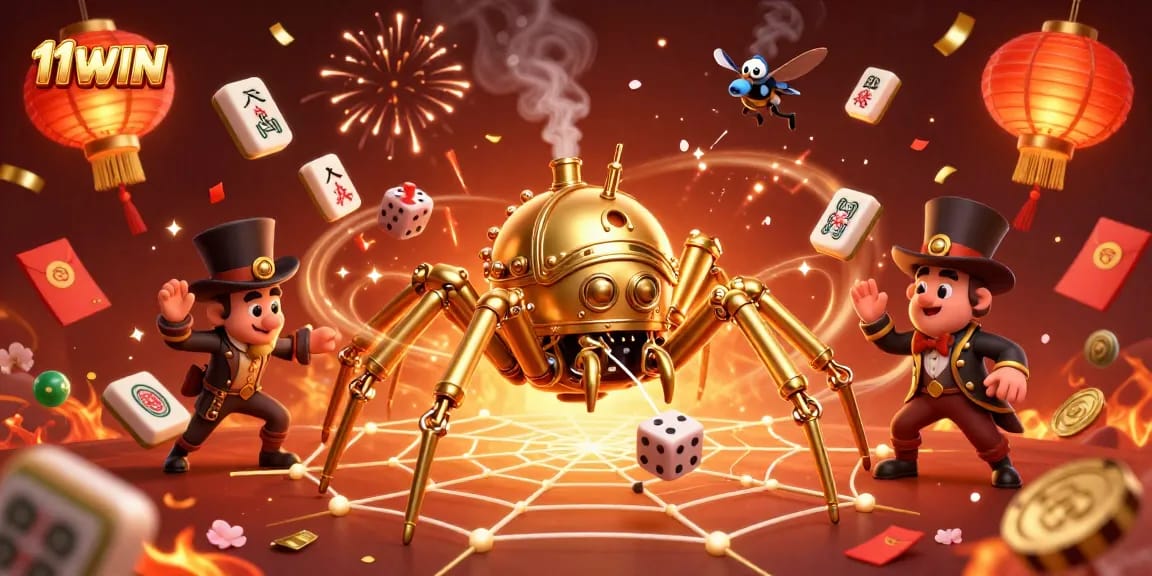 Engage in thrilling games at 11WIN with vibrant steampunk characters and festive casino elements.