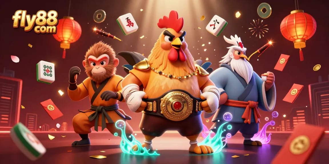 Experience the excitement of fly88 com with a dynamic 3D illustration featuring martial arts characters in a vibrant casino setting.