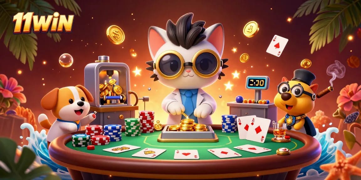 11WIN showcases a lively casino scene with a scientist cat and dog amid poker elements.