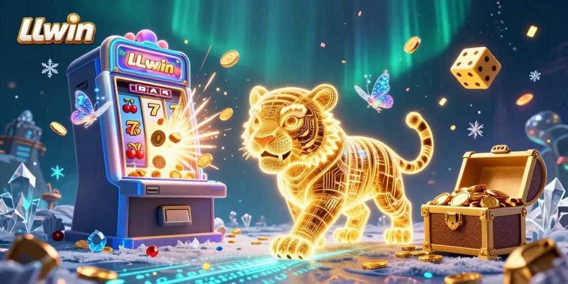 Experience the vibrant thrill of LLwin casino with a neon tiger and slot machine bursting with winnings.