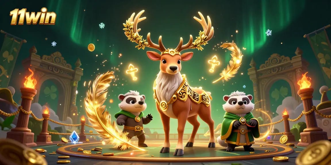 Engage with the vibrant world of 11WIN featuring a Celtic druid stag in a magical casino setting.