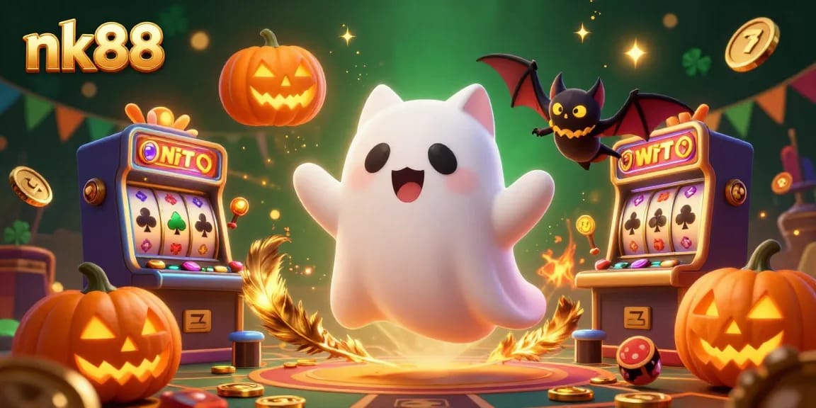 Engage with nk88's captivating casino experience featuring a ghost cat, bat, and slot games.