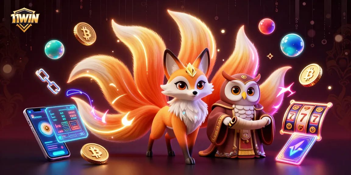 Engage with the vibrant world of 11WIN, featuring dynamic slot elements and colorful crypto coins.