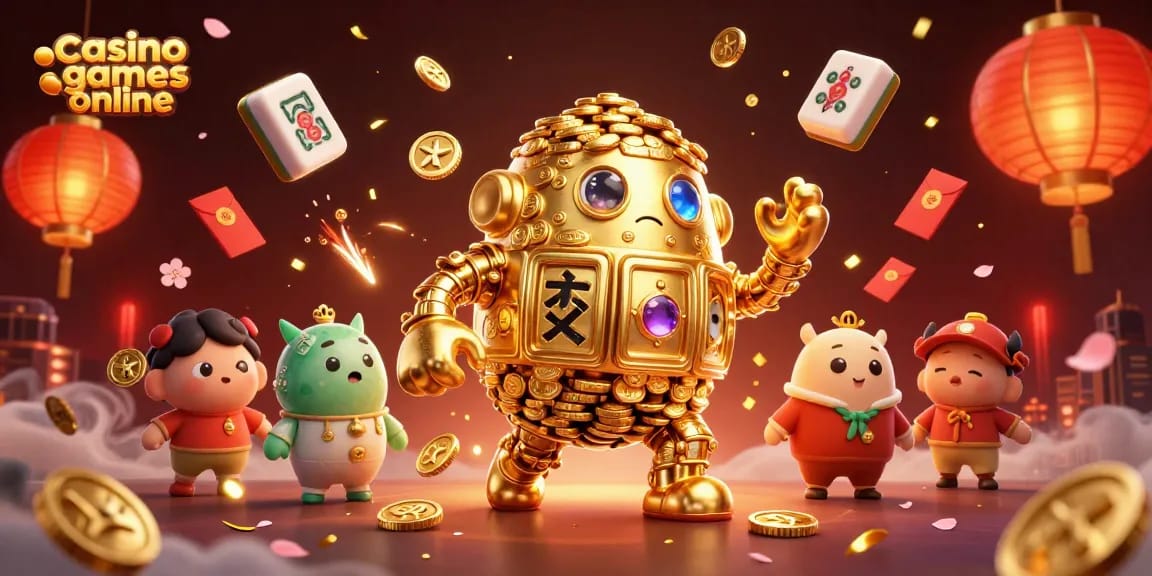Experience thrilling casino games online with colorful golems and festive decorations in this vibrant artwork.