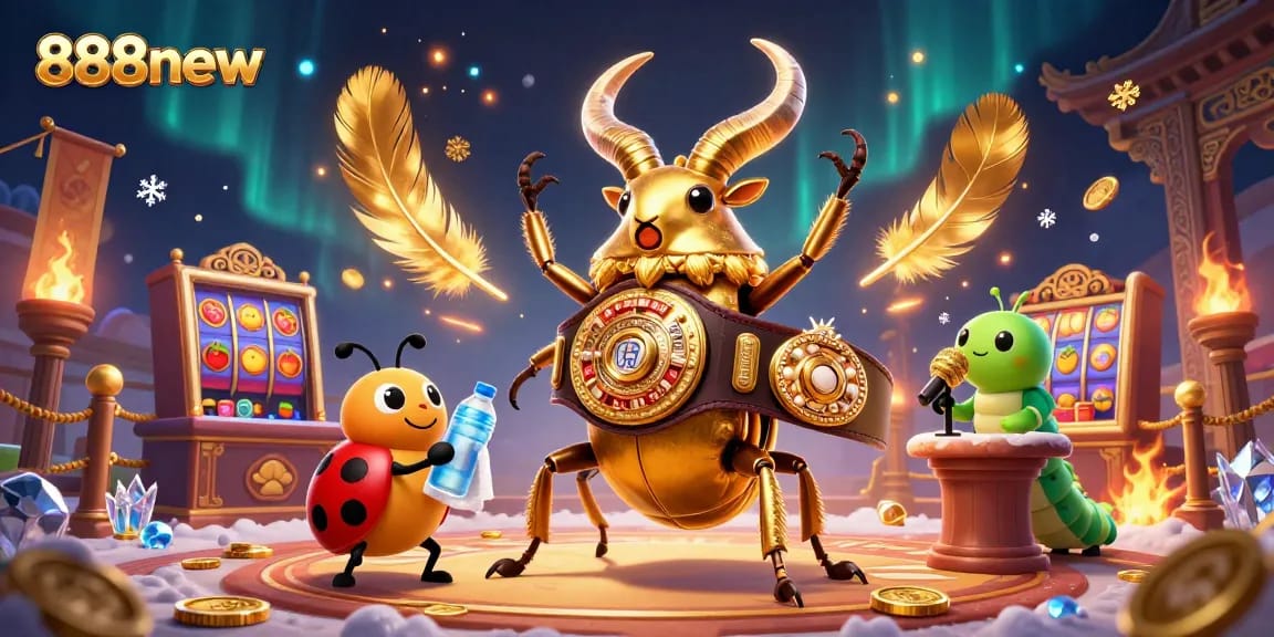 Engage in thrilling casino action with 888new featuring a giant stag beetle champion amidst dynamic game elements.