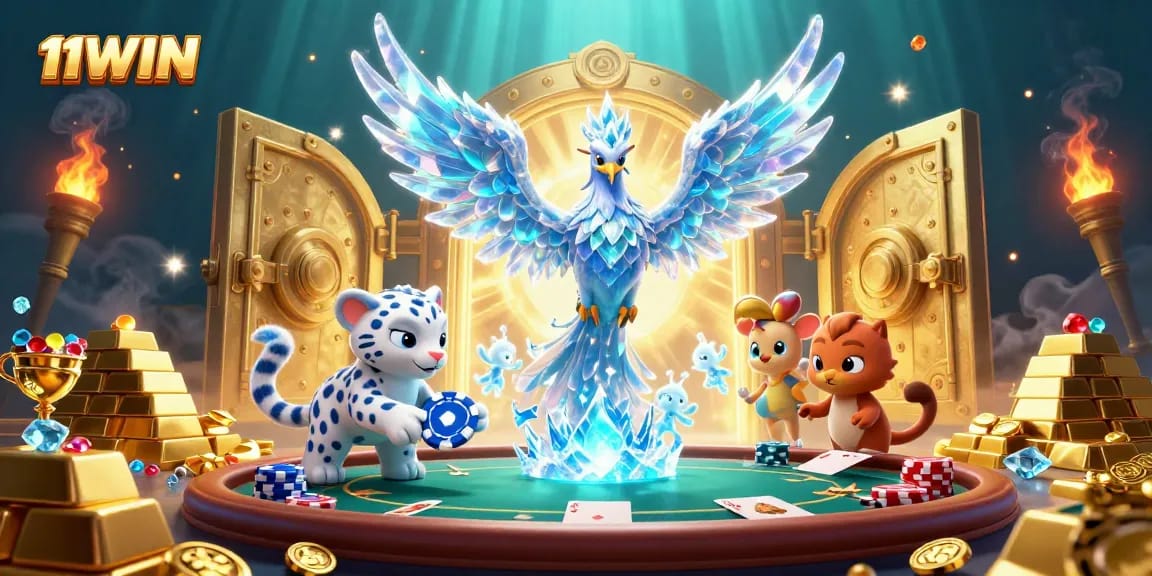 Experience the excitement of 11WIN as the ice phoenix and snow leopard unite in this vibrant casino scene.