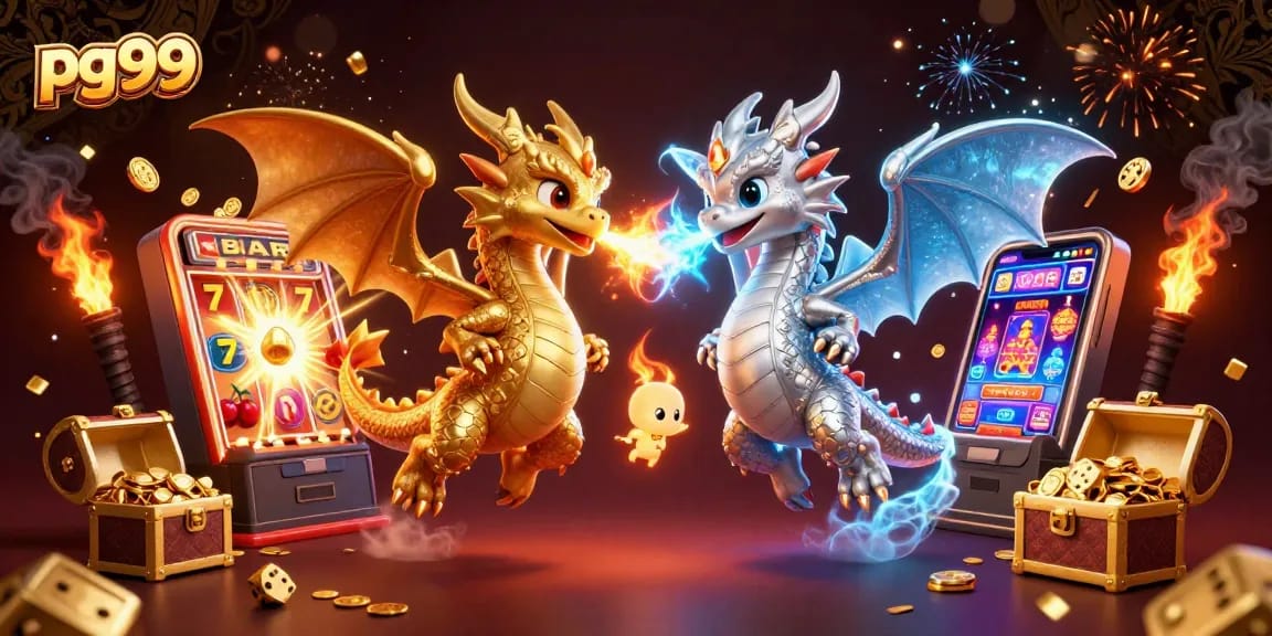 Engage with pg99's dynamic gameplay, featuring vibrant dragons, slot machines, and casino action.