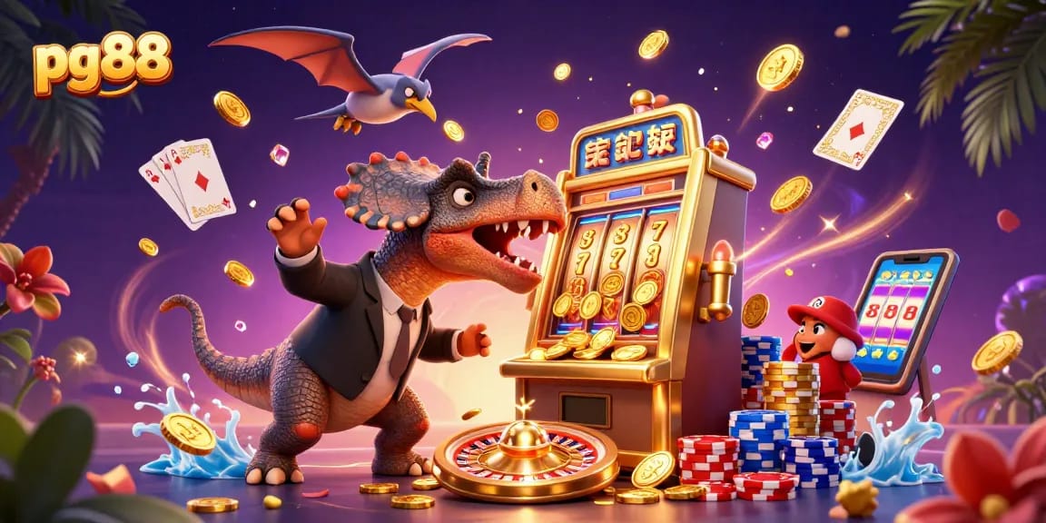 Experience thrilling wins at pg88 with a cartoon pachycephalosaurus jackpot scene amidst cascading coins.