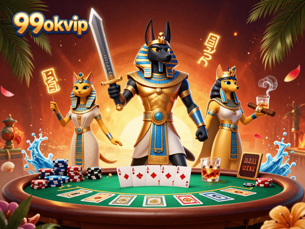 99okvip showcases an action-packed poker scene with Anubis and Bastet amidst vibrant game elements.
