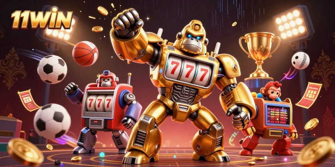 Engage with the thrilling 11WIN experience featuring a dynamic 3D gorilla mech with slot machines and sports elements.