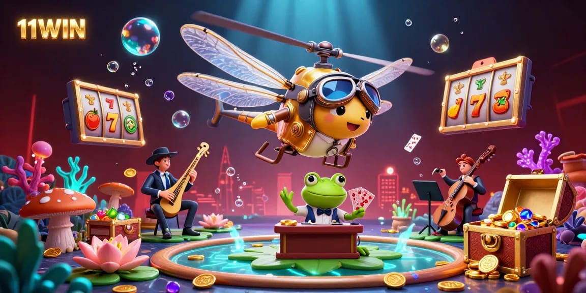 Experience the excitement at 11WIN with a dynamic casino scene featuring vibrant characters and vibrant gaming elements.
