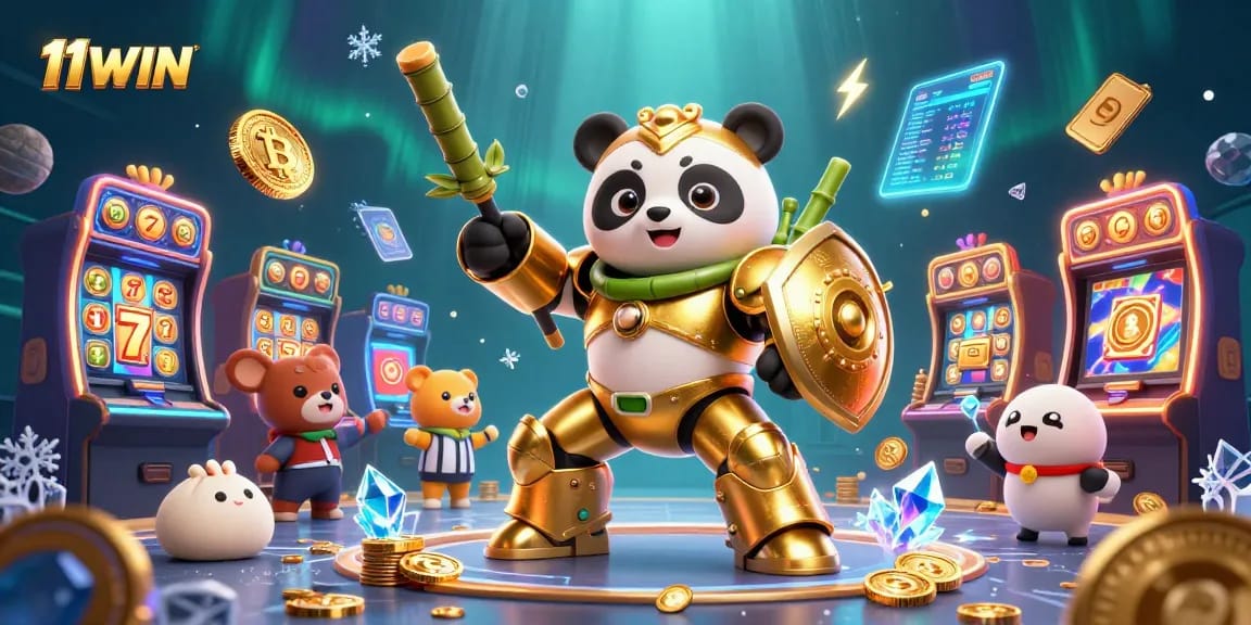 Join the 11WIN adventure with a golden panda in a vibrant casino battle for big wins!