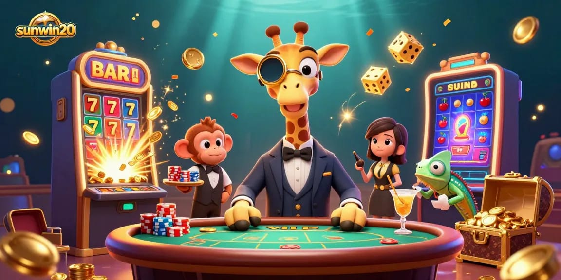 Engage in the excitement of sunwin20 with a high-roller giraffe at a lavish poker table amidst dynamic casino elements.
