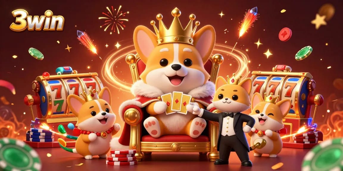 Experience thrilling gameplay with 3win's cartoon corgi king amidst celebratory casino elements.