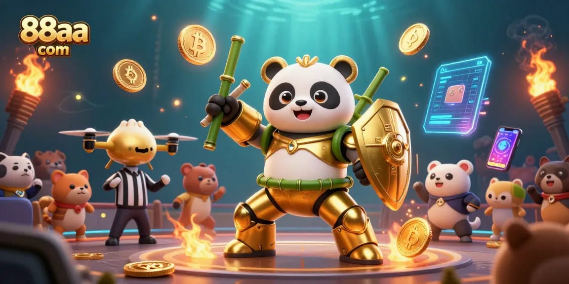 Engage in thrilling gameplay at 88aa com with golden panda and bamboo-fighting robot illustration.