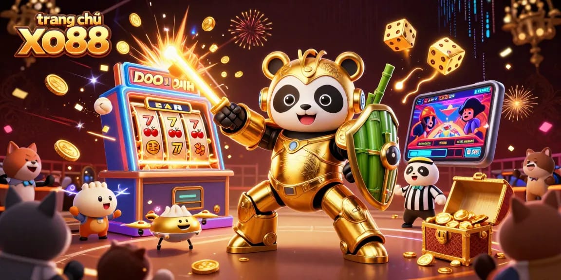 Experience the excitement of trang chủ xo88 with a golden panda robot amidst cascading jackpot symbols.