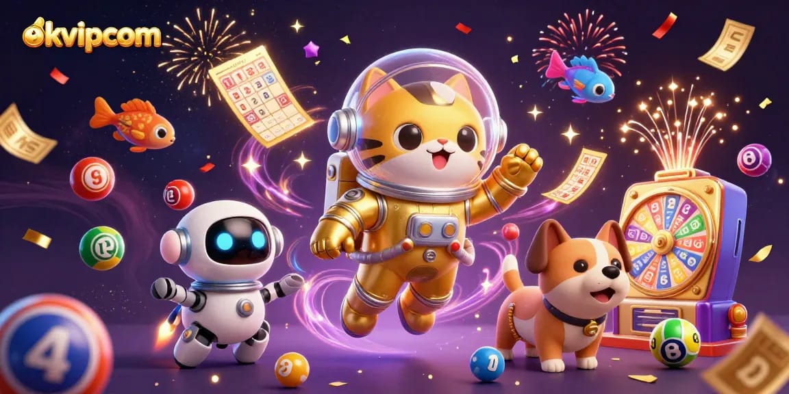 Join the fun with okvipcom lottery and casino games in a vibrant 3D cosmic scene filled with excitement.