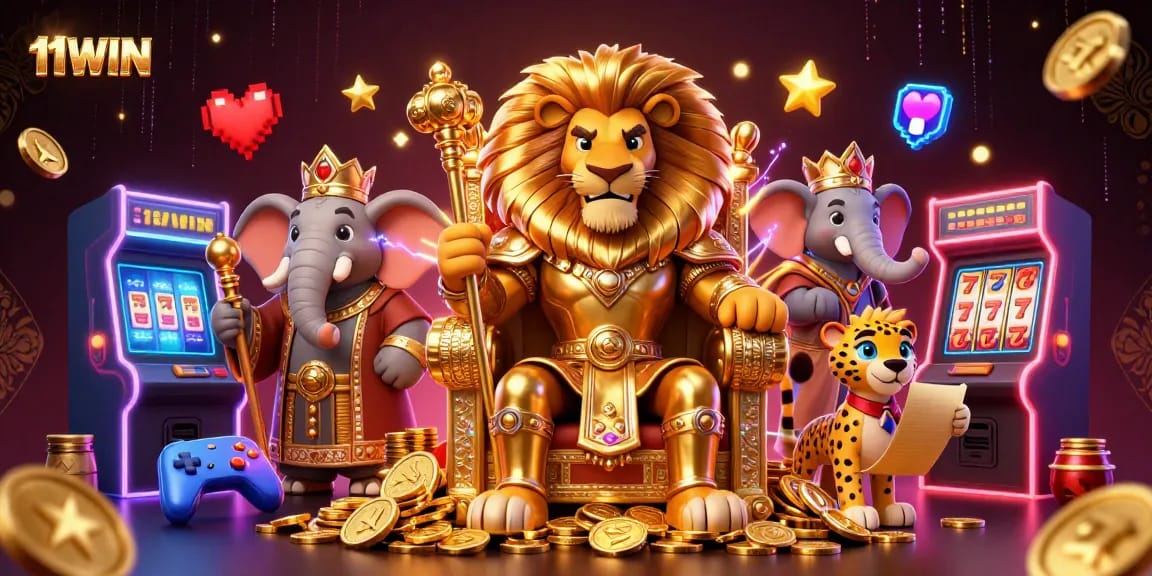 Engage with 11WIN's vibrant 3D casino scene featuring a lion king, elephant advisor, and cheetah.