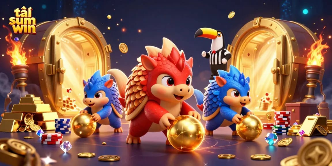 Play tải sun win with rival pangolins in a vibrant casino scene featuring gold coins and poker chips.