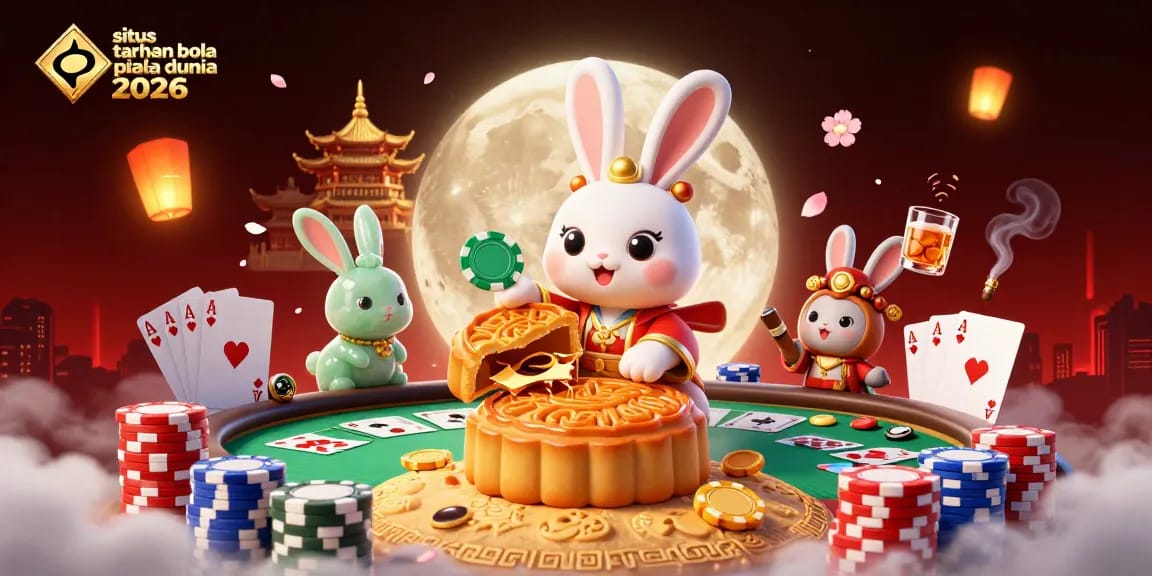 Experience the thrill of situs taruhan bola piala dunia 2026 with poker chips revealed from mooncakes in a vibrant casino scene.