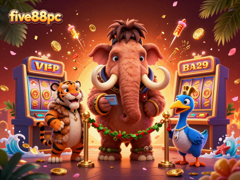 Experience the excitement of five88pc as a woolly mammoth checks IDs at a vibrant casino entry.