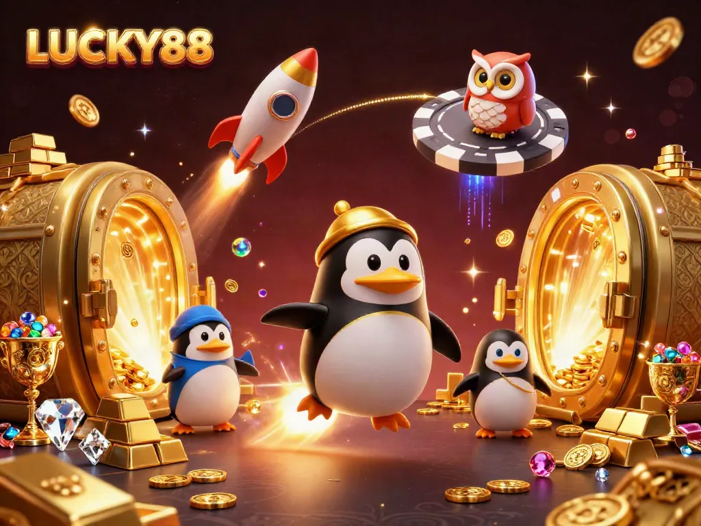 Experience LUCKY88's thrilling casino atmosphere with a vibrant, 3D illustration of adventure.