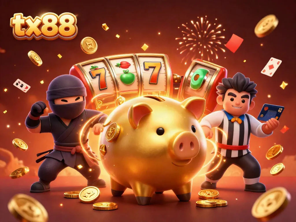 Experience winning delight with tx88's gold-studded slot gaming scene filled with vibrant characters.