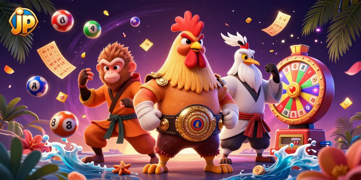 Engage with the dynamic jp gaming scene featuring colorful lottery elements and vibrant characters.