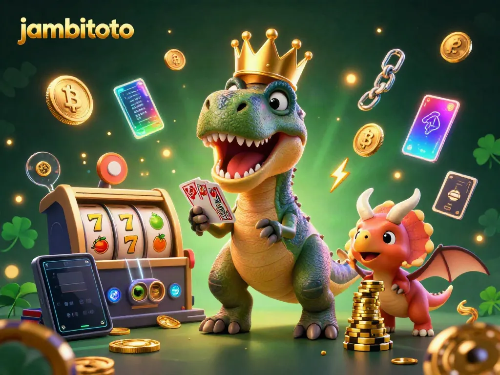 Engage with jambitoto's thrilling slots and jackpots while enjoying a playful scene with dinosaurs.