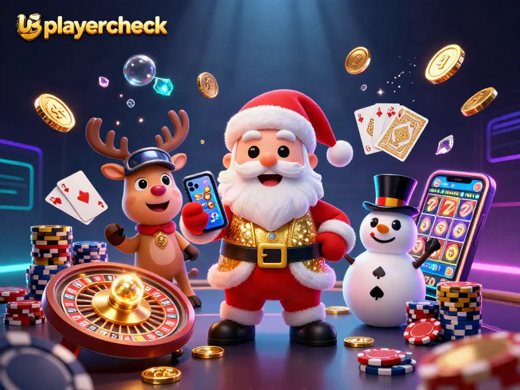 Experience the thrill with usplayercheck as Santa spins slots, surrounded by casino fun and excitement.