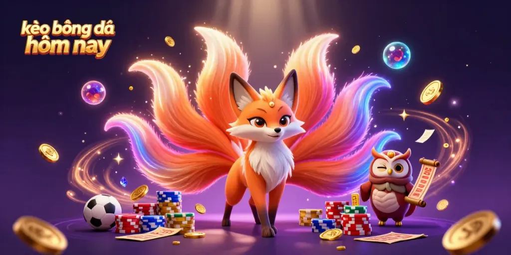 Engage with kèo bóng đá hôm nay featuring a vibrant scene of a fox spirit and owl amid dynamic sports betting elements.