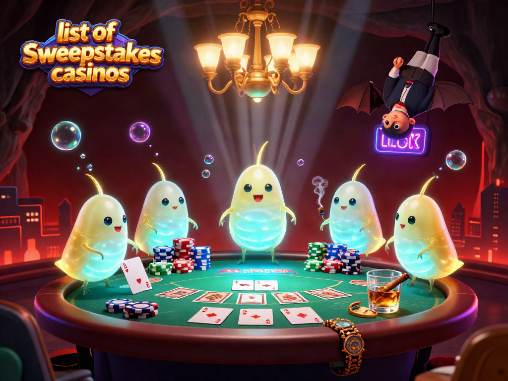 Engaging illustration depicting a vibrant scene in a cave casino showcasing a lively atmosphere with the list of sweepstakes casinos theme.