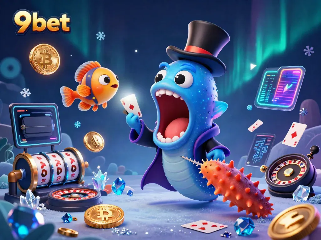 9bet's magical deep-sea casino scene with unique characters showcasing card tricks and crypto elements.