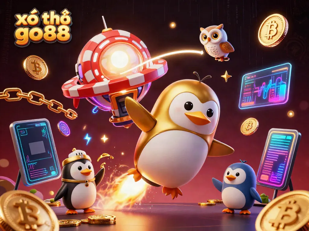 Experience exhilarating gaming adventures with xổ số go88, featuring a golden penguin rocket and cryptocurrency elements