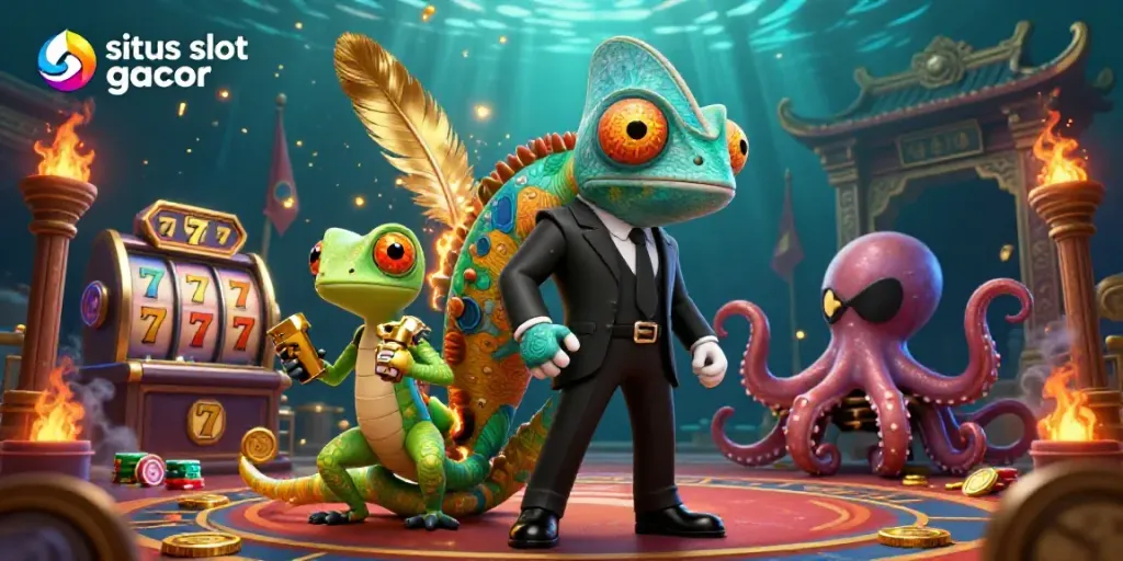 Experience the thrill of situs slot gacor with a chameleon agent and a gecko at a vibrant casino.
