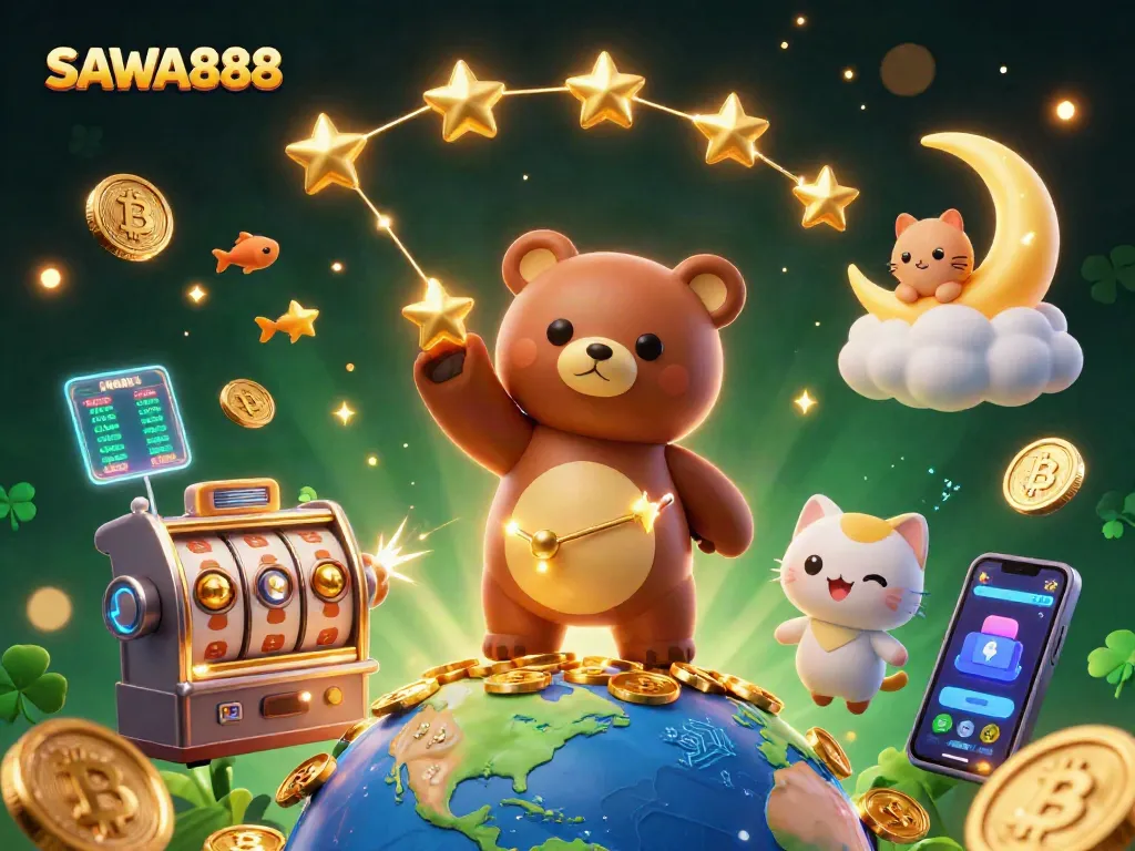Spin and win with SAWA888 in this vibrant 3D casino scene filled with gold coins and crypto elements.