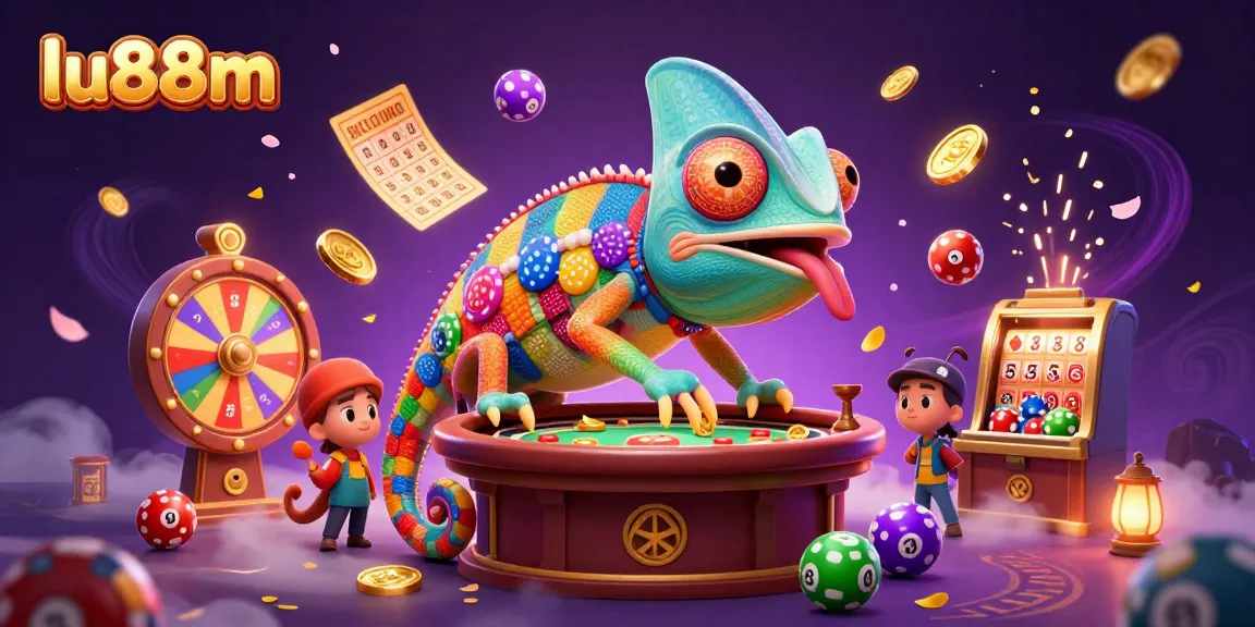 Experience exciting gaming at lu88m with a vibrant chameleon casino owner amid dynamic lottery elements.