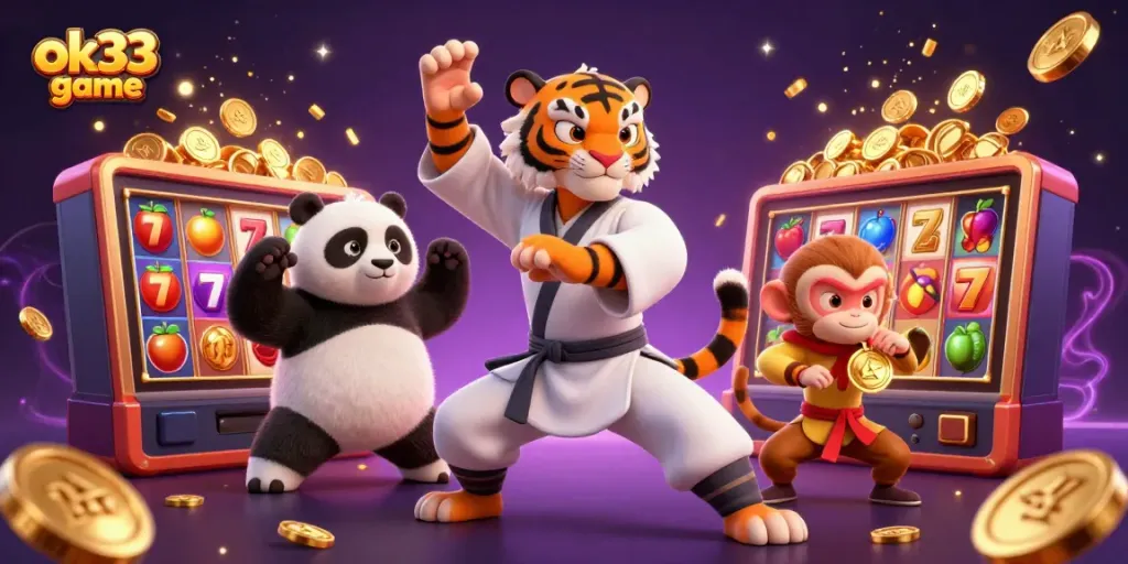 Experience excitement with ok33 game, featuring a kung fu tiger and fun slot elements in this vibrant 3D illustration.