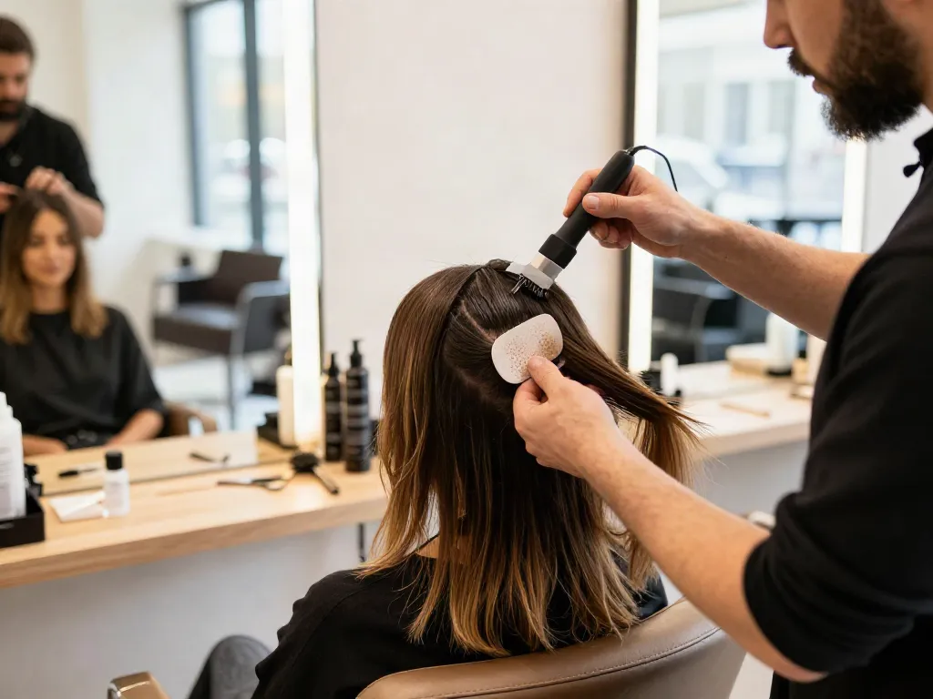 Scalp hair fill-ins application in a modern beauty salon setting, showcasing colors and textures.