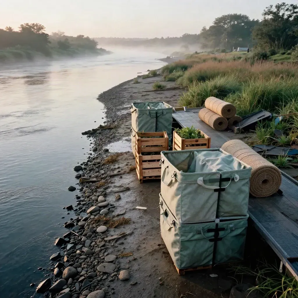 Canvas cleanup totes, sapling crates, and coir rolls on a misty tidal riverbank at dawn