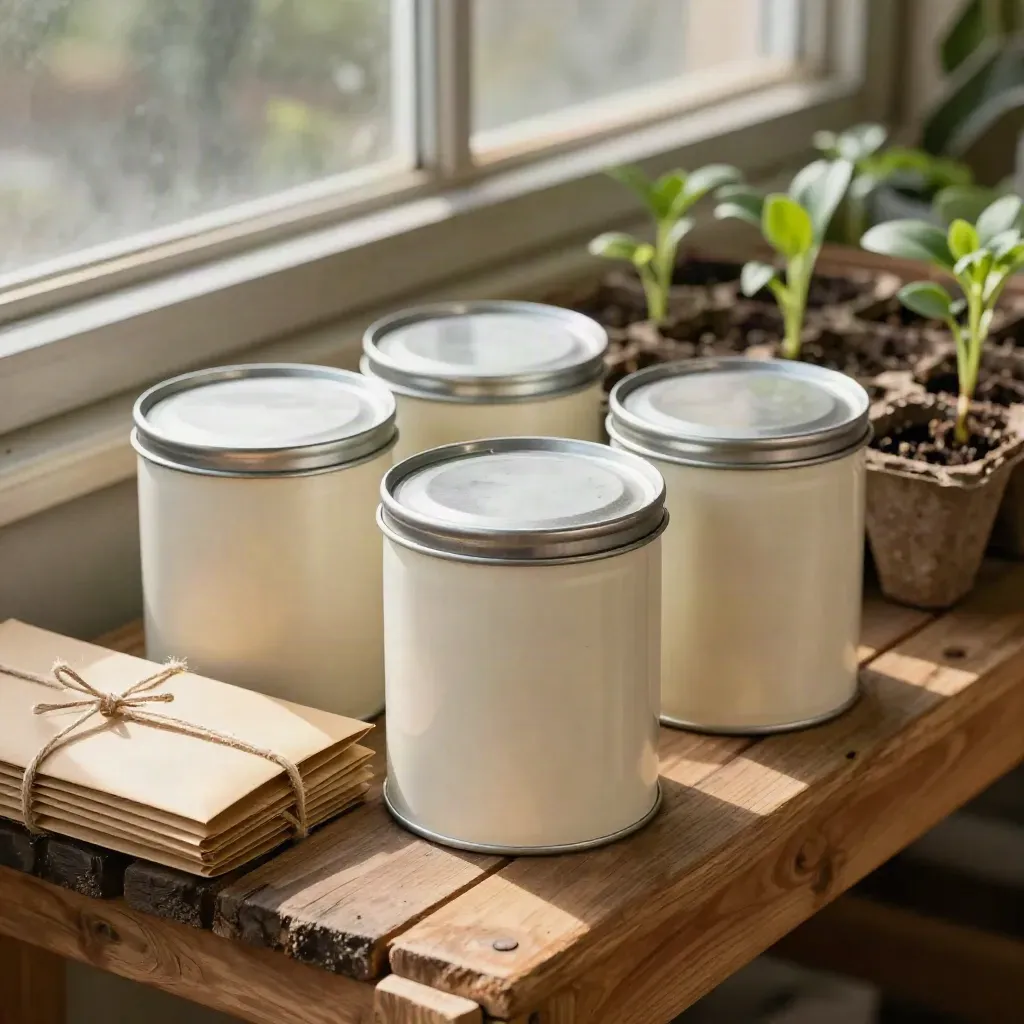 Donation tins, kraft envelope bundles and seedling trays beside a reclaimed wood crate in warm window light.