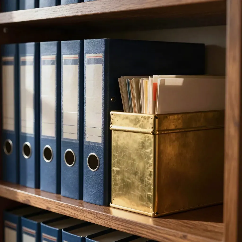 Close shelf of navy conservation binders and brass archive box in warm late-afternoon light.