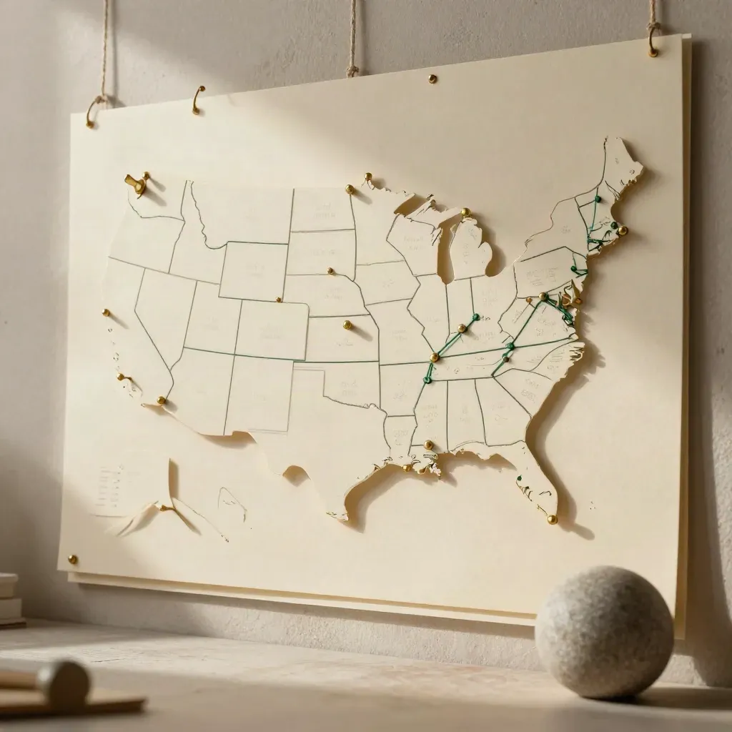Campaign cards and twine map pinned on a plaster wall, softly lit from upper left.