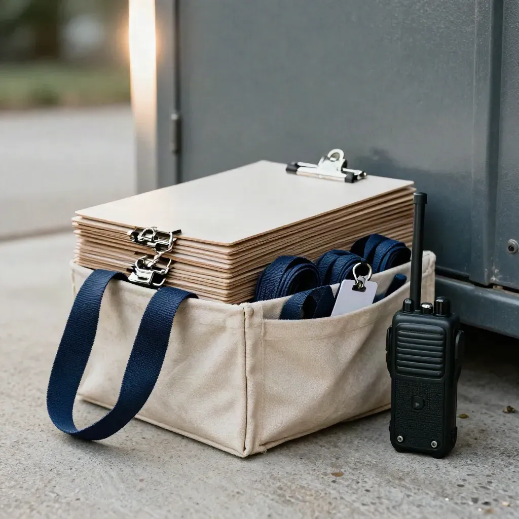 Volunteer kit with clipboards, lanyards, tote tags and radio ready for cleanup crews