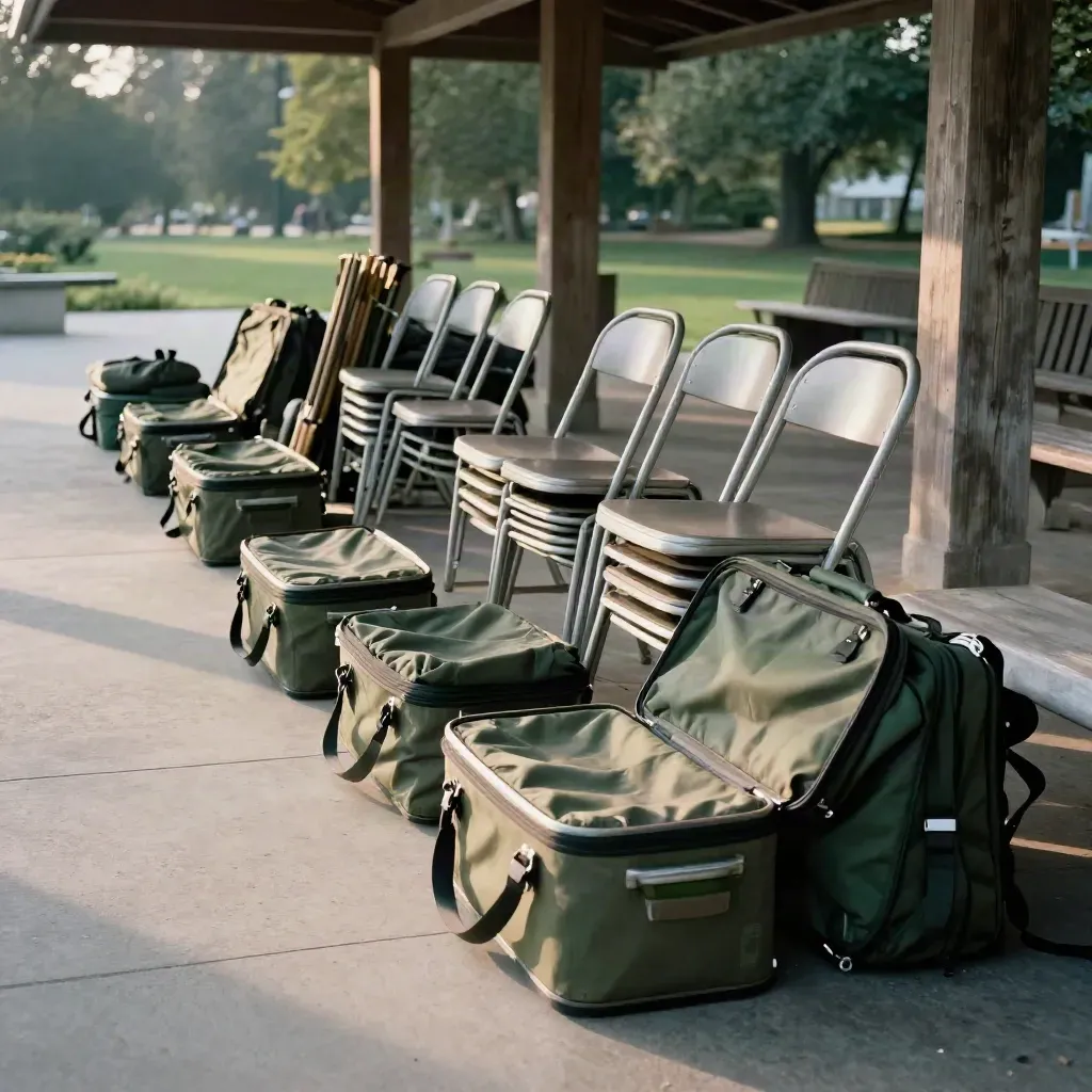 Park pavilion staged with event kits, folded canopies, and stacked chairs in late-day haze.